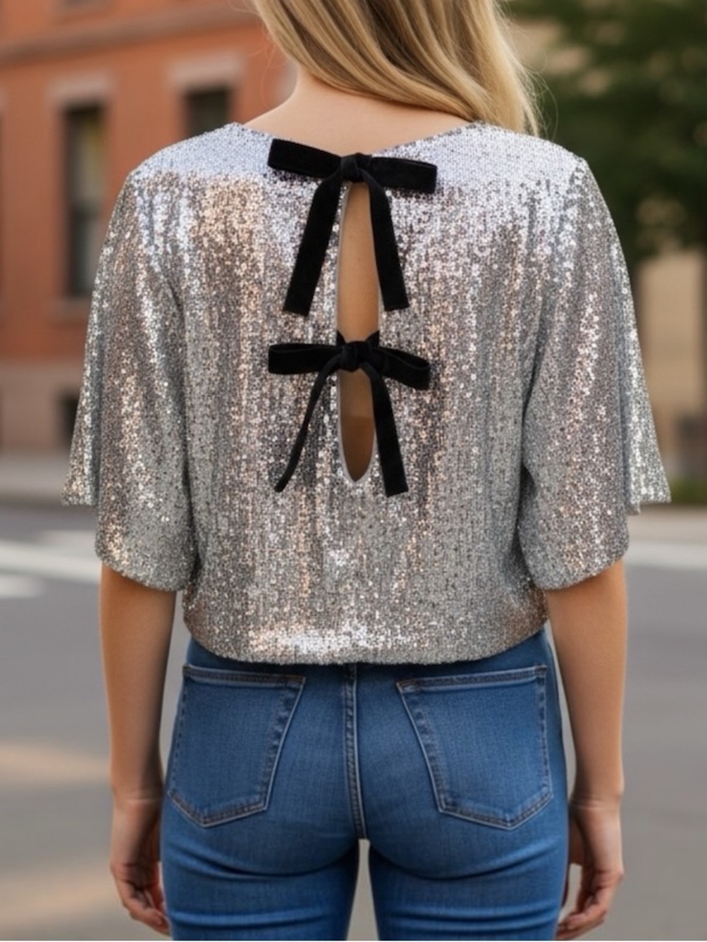 J. Crew Silver Sequin Tie-Back Crop Top with Black Bows Sz 6